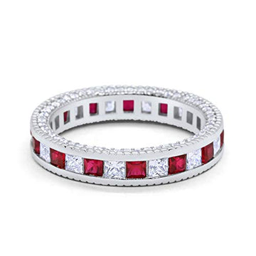 Eternity Ring Alternating Round Simulated Ruby Cubic Zirconia Solid 925 Sterling Silver